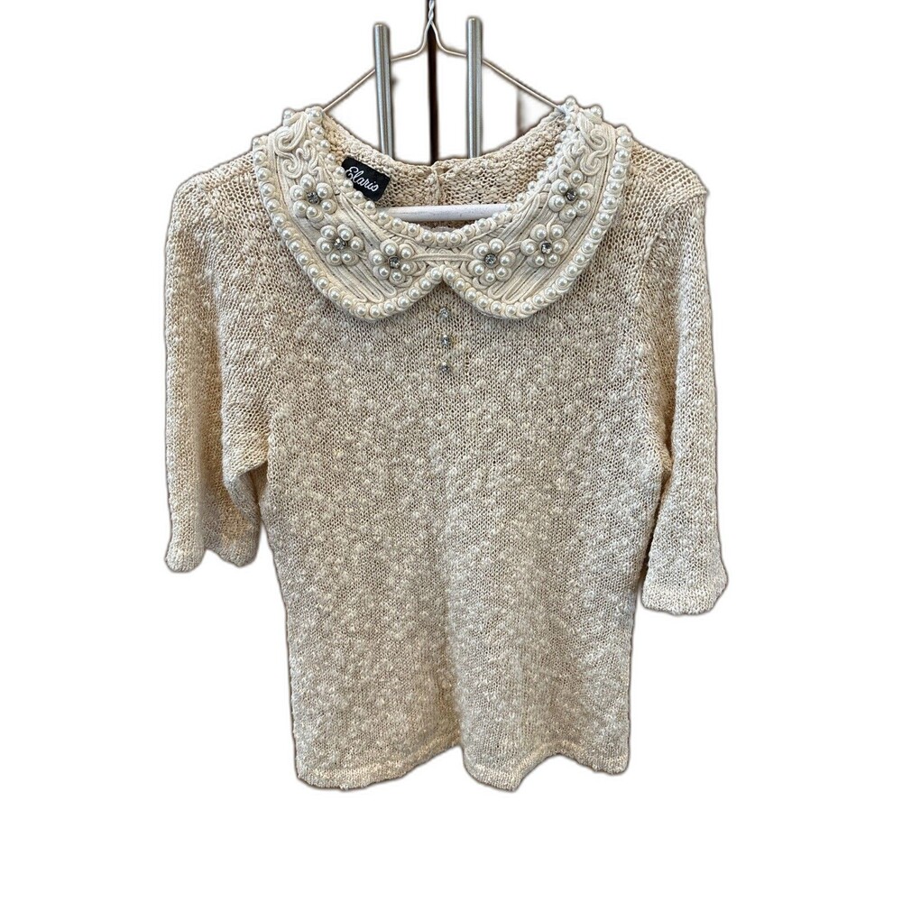 Elaris Sweater Mixed Media 3/4 Sleeve Button Back Embellished Collar Pullover M